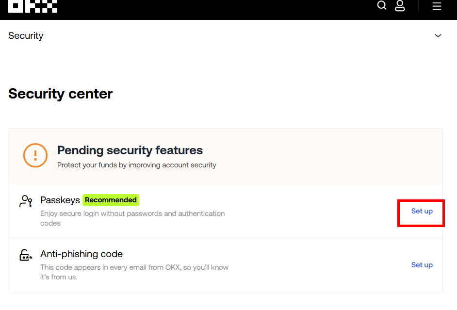OKX 보안 센터에서 Passkeys 항목을 설정하는 과정으로, Set up 버튼을 클릭해 패스키 등록을 시작하는 화면