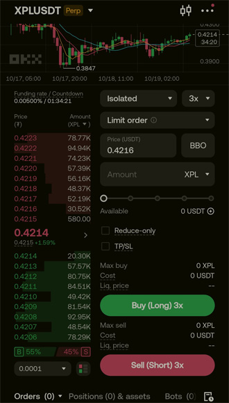 OKX 모바일 앱 선물거래 화면, XPLUSDT 페어 거래창에서 레버리지와 주문 방식 설정 인터페이스