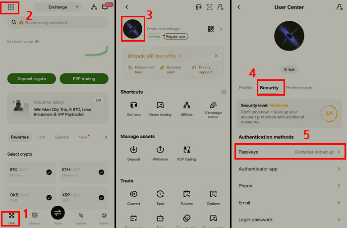 OKX 모바일 앱에서 Passkeys 설정 경로를 안내하는 화면으로, 앱 실행부터 보안 탭 진입까지 단계별 표시된 모습
