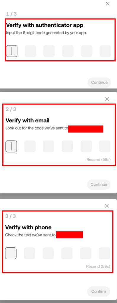 Passkey 등록 과정 중 인증 단계로, 앱, 이메일, 휴대폰으로 각각 코드를 입력하는 화면