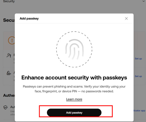 Passkey 등록을 시작하는 화면
