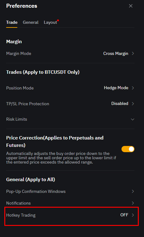 바이비트 Hotkey Trading 활성화 메뉴