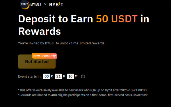 바이비트 신규 유저 첫입금 이벤트 안내 화면 — 100달러 이상 입금 시 50 USDT 에어드랍 보상, 선착순 400명 한정 참여