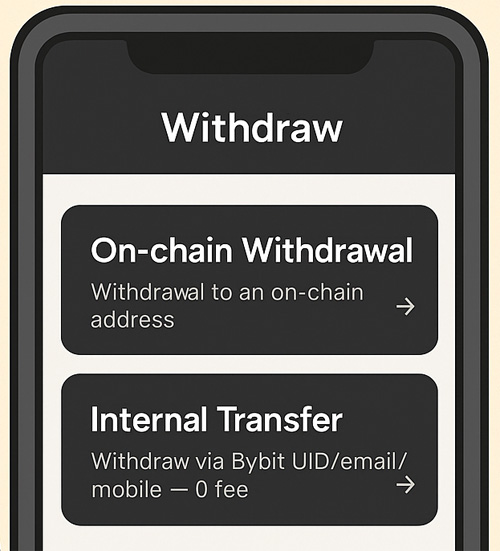 바이비트 앱 화면에서 온체인 출금과 내부 전송 중 어떤 옵션을 선택할지 고민하는 사용자 그림