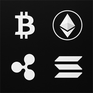 비트코인, 이더리움, 리플, 솔라나 로고가 배치된 미니멀한 암호화폐 테마 이미지