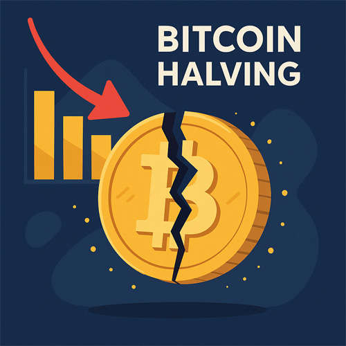 반으로 쪼개진 비트코인 동전과 하락 그래프가 함께 그려진 비트코인 반감기 일러스트