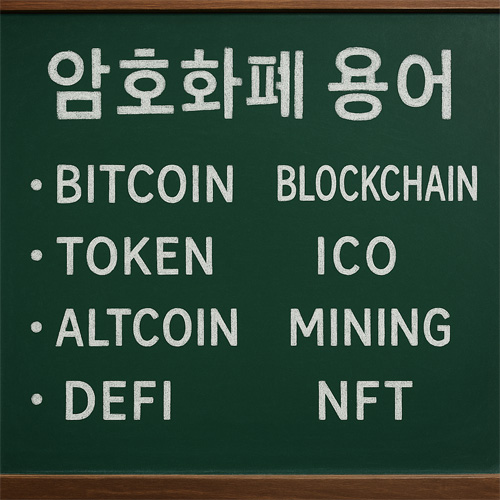 칠판에 ‘암호화폐 용어’라는 문구와 비트코인, 블록체인, 토큰, ICO, 알트코인, 마이닝, 디파이, NFT 등의 영어 단어가 적혀 있는 이미지