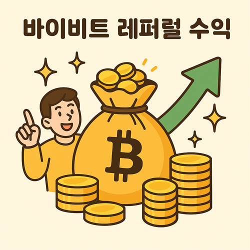 레퍼럴 수익 구조를 상징하는 비트코인 자루와 상승 화살표, 금화, 웃는 캐릭터가 담긴 일러스트