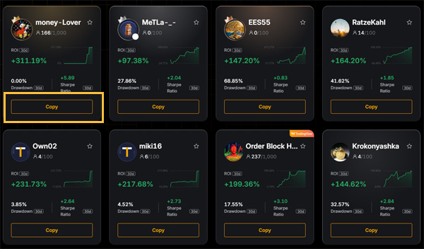 바이비트 카피트레이딩 트레이더 목록에서 Copy 버튼을 선택하는 화면