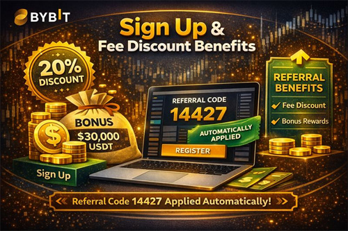 Bybit sign up page highlighting trading fee discount and referral benefits applied automatically
