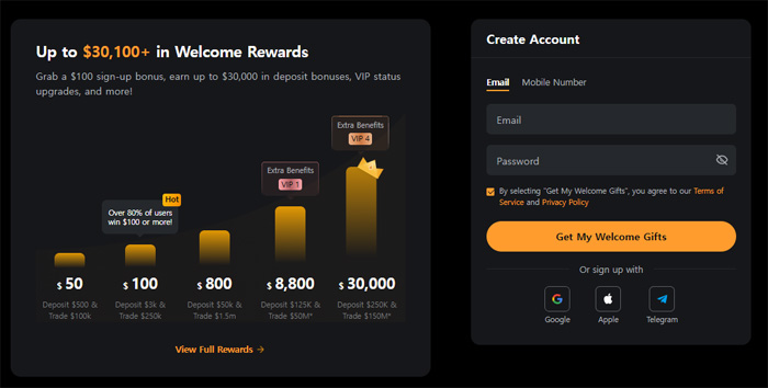 Bybit exchange sign up page with account registration form and welcome rewards
